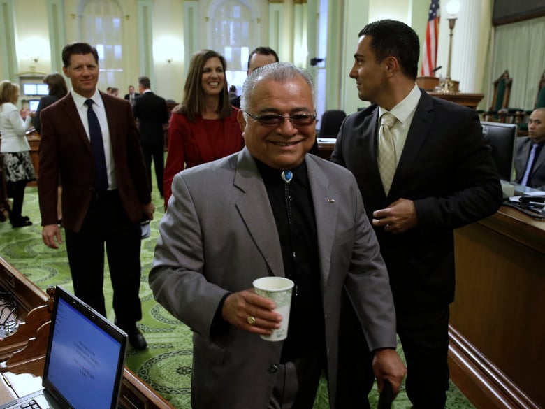 Assemblyman Rocky Chavez, R-Oceanside, foreground, leaves the state Assembly at the Capitol in Sacramento, Calif., Thursday, March 5, 2015. Chavez entered the 2016 race for the U.S. Senate, Thursday.